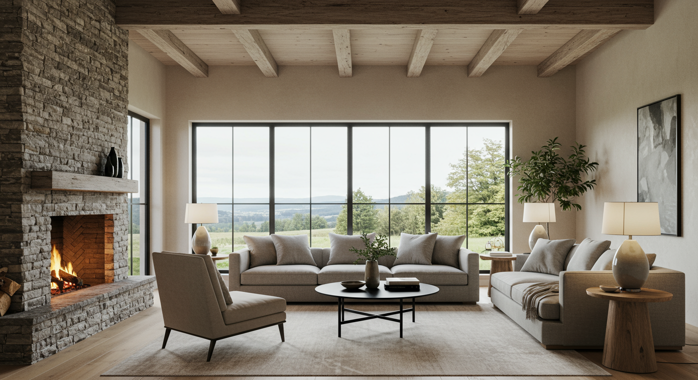 A living room with a neutral color scheme to enhance the relaxing energy. Plush soft furnishings have added, alongside greenery and beautiful views of nature
