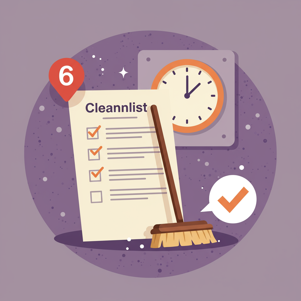 Home-cleaning checklist with checked tasks, a broom, clock, and number 6.