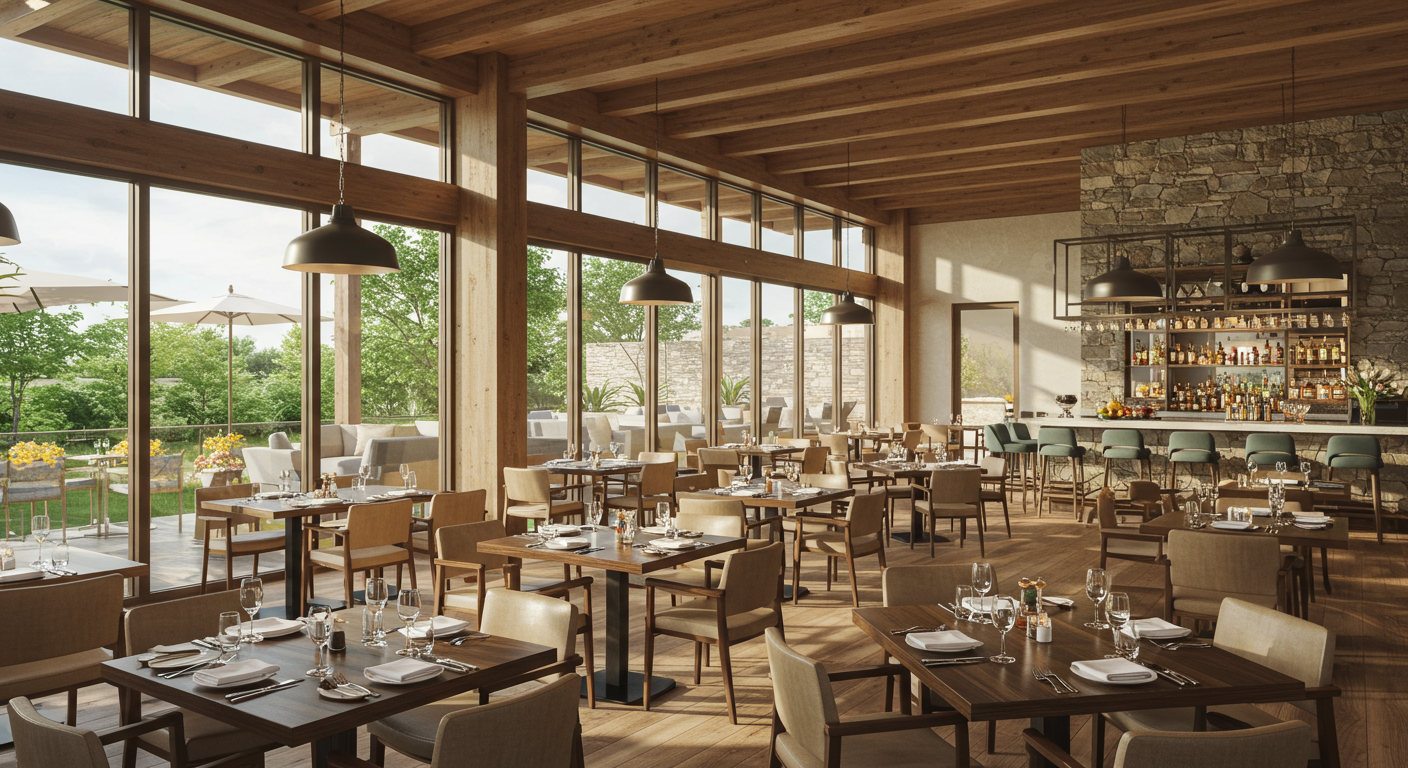 Spacious dining room at Presidio Cafe,&nbsp;a popular spot for breakfast,&nbsp;lunch,&nbsp;and dinner in San Francisco's Presidio Park.