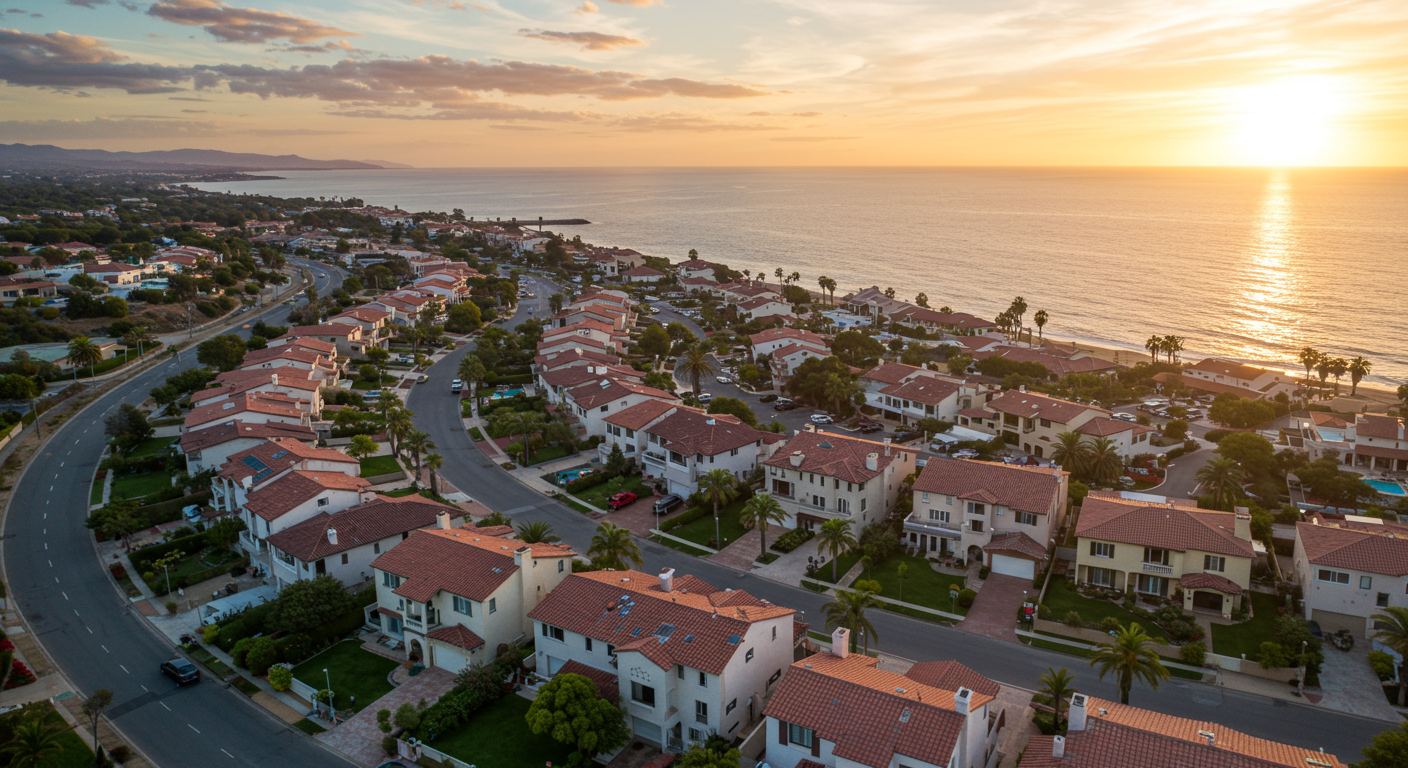 Crystal Cove neighborhood community in the Newport coast before sunset. Luxury big villa with pool on the cove.