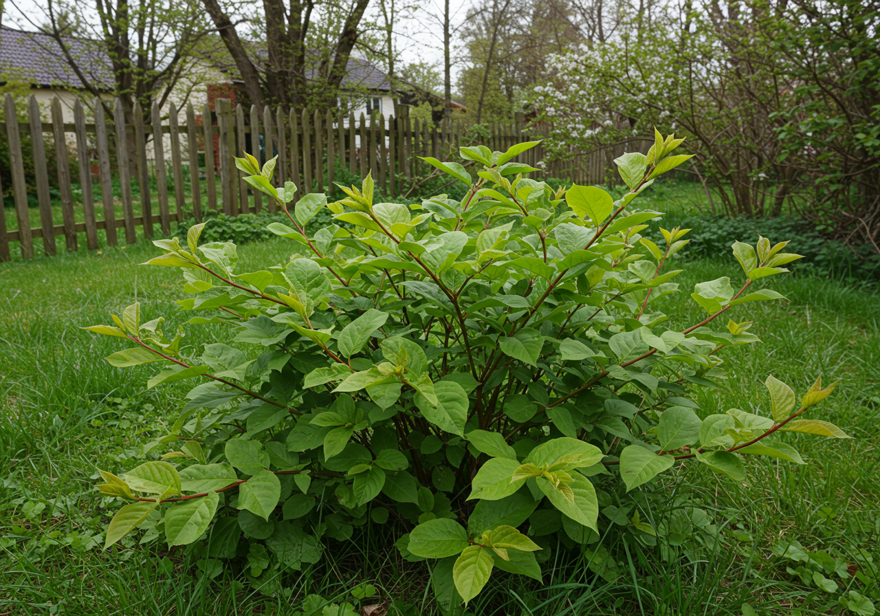 invasive japanese knotweed plant growing in someone's backyard