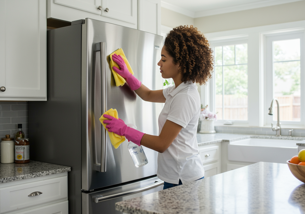 A homeowner wearing pink rubber dish gloves polishes her stainless steel refrigerator with a sponge in a brightly lit kitchen.