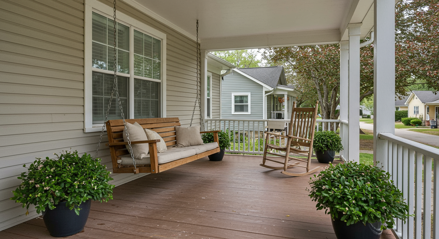 A porch swing and rocking chair outside a house