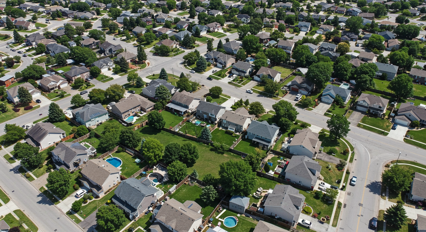 An aerial view of a neighborhood. 