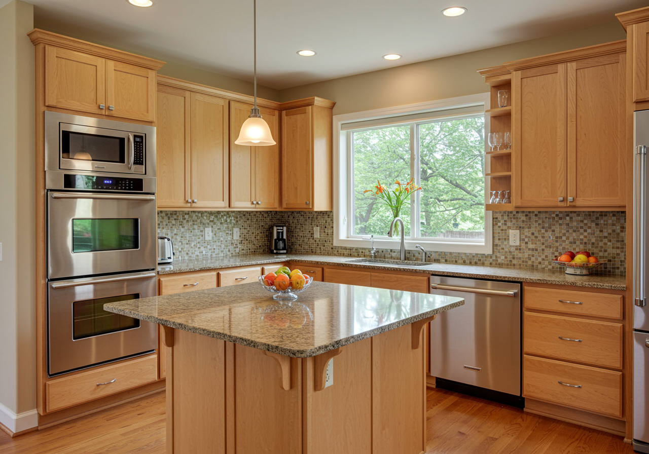 modern, spacious kitchen with hardwood floors and cabinets