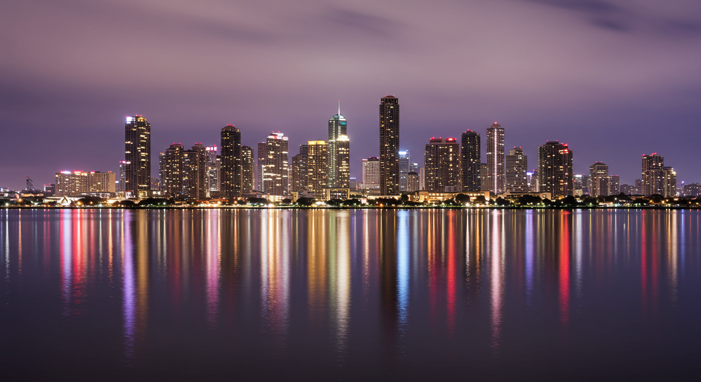 Illuminated city skyline reflected across calm water at dusk.