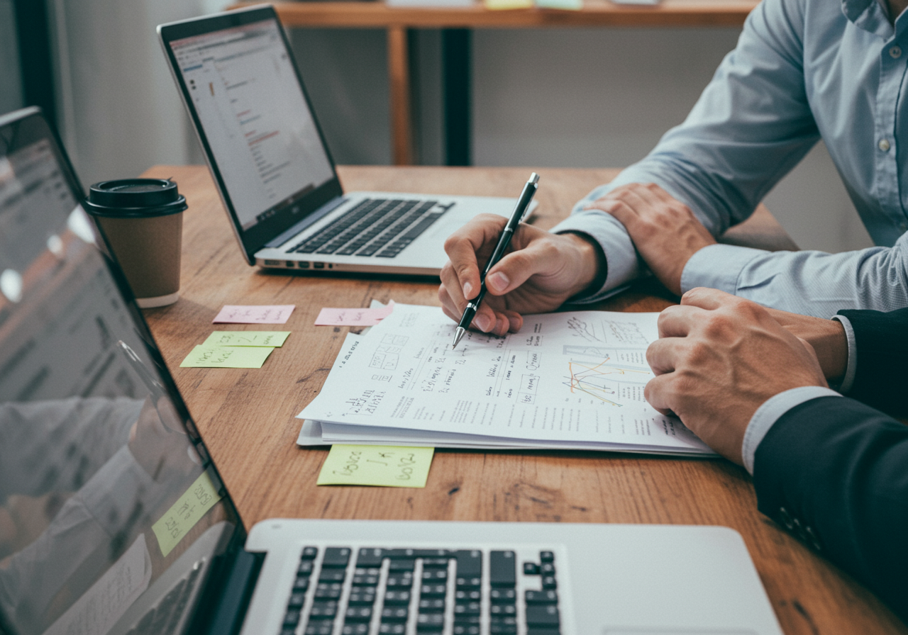 2 people sitting down to discuss plans over a pad of paper and laptops