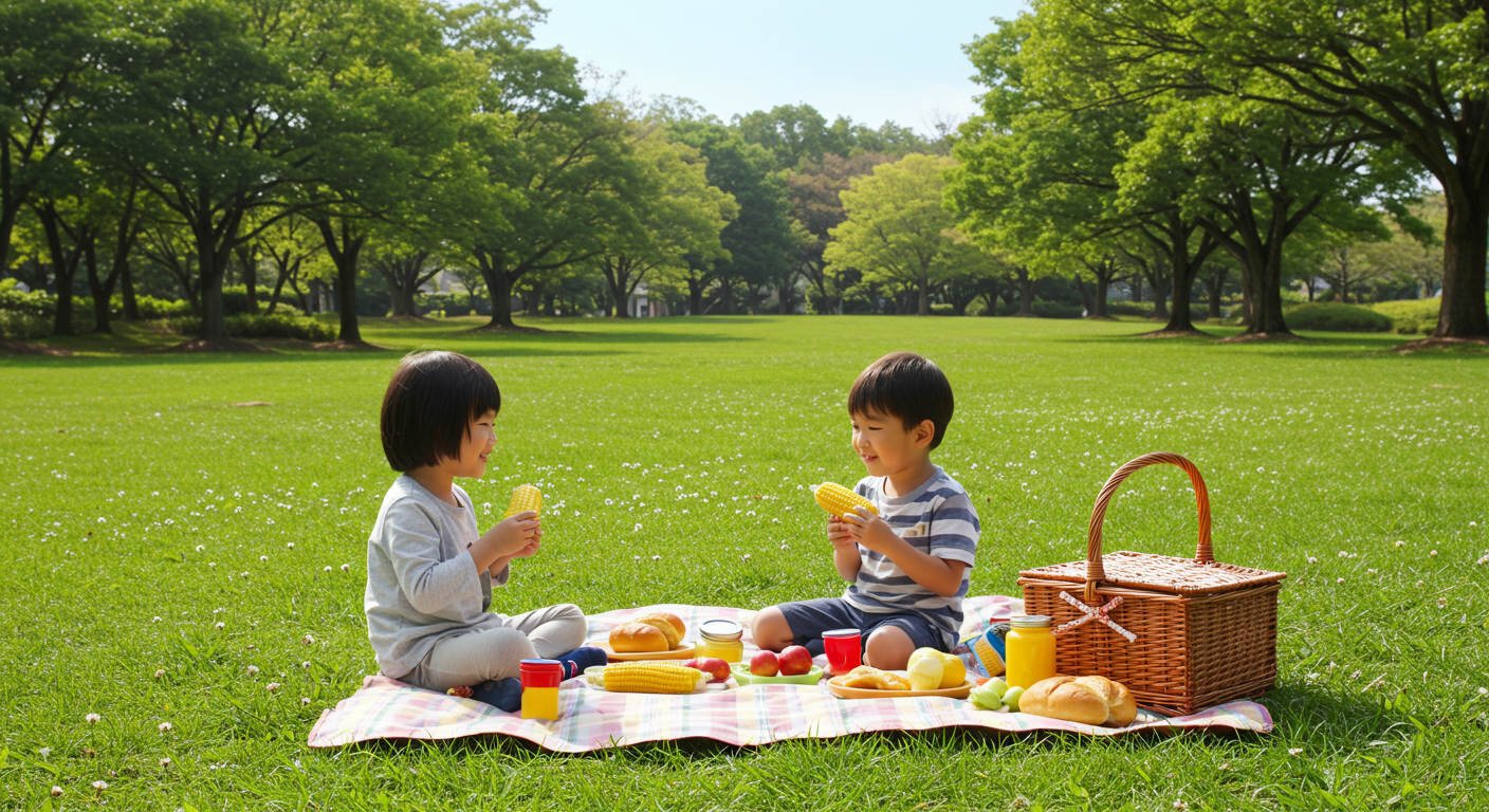 Two children share corn at a picnic on a blanket in a tree-lined park.