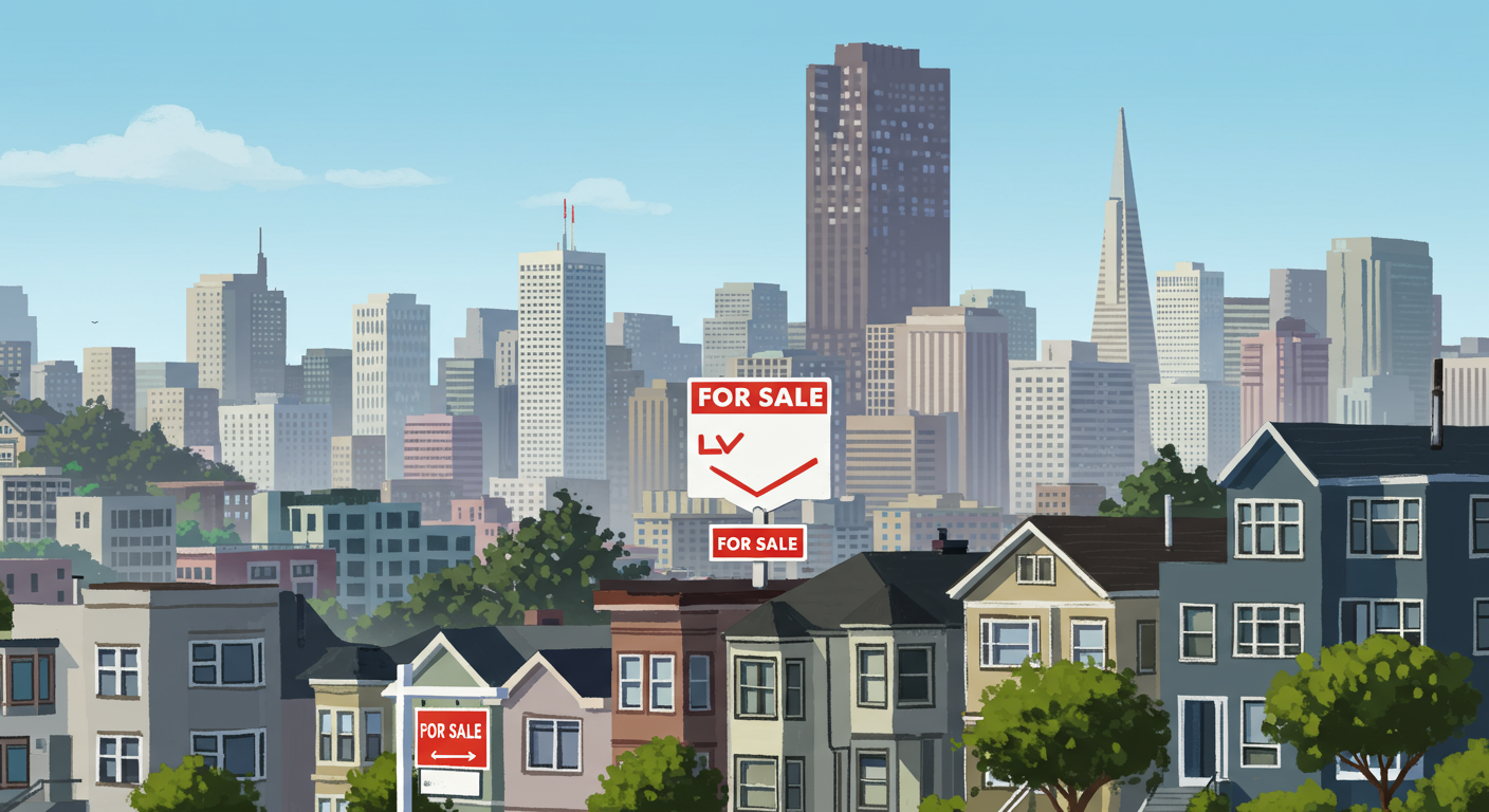 Illustrated San Francisco homes and skyline with prominent FOR SALE signs.