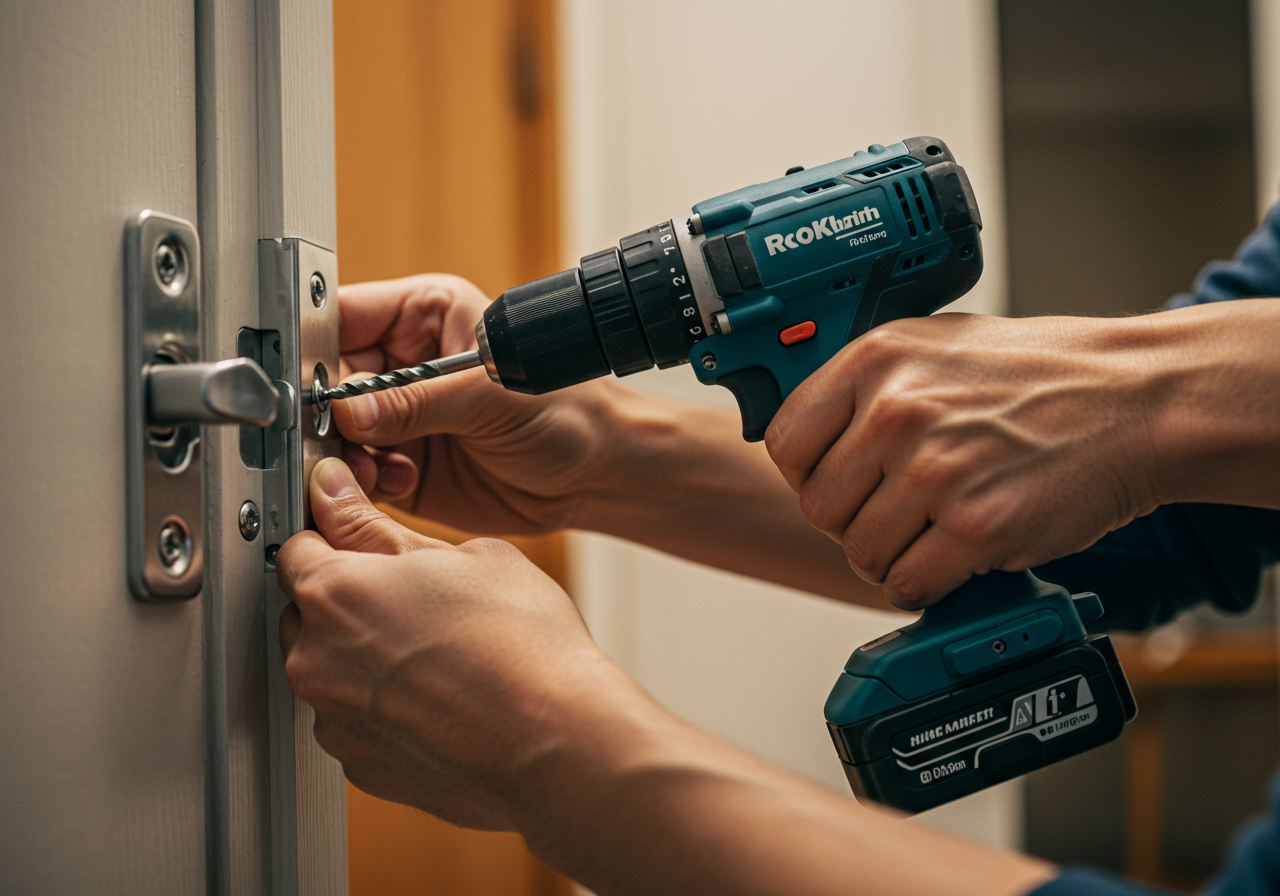 Hands use a cordless drill to repair the metal lock plate on an interior door.