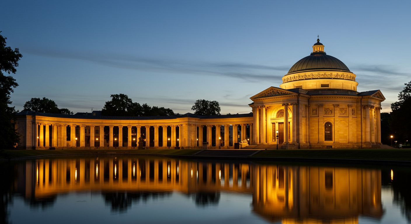 Palace of Fine Arts, San Francisco, during evening time when the lights are switched on and the whole palace starts glowing like gold