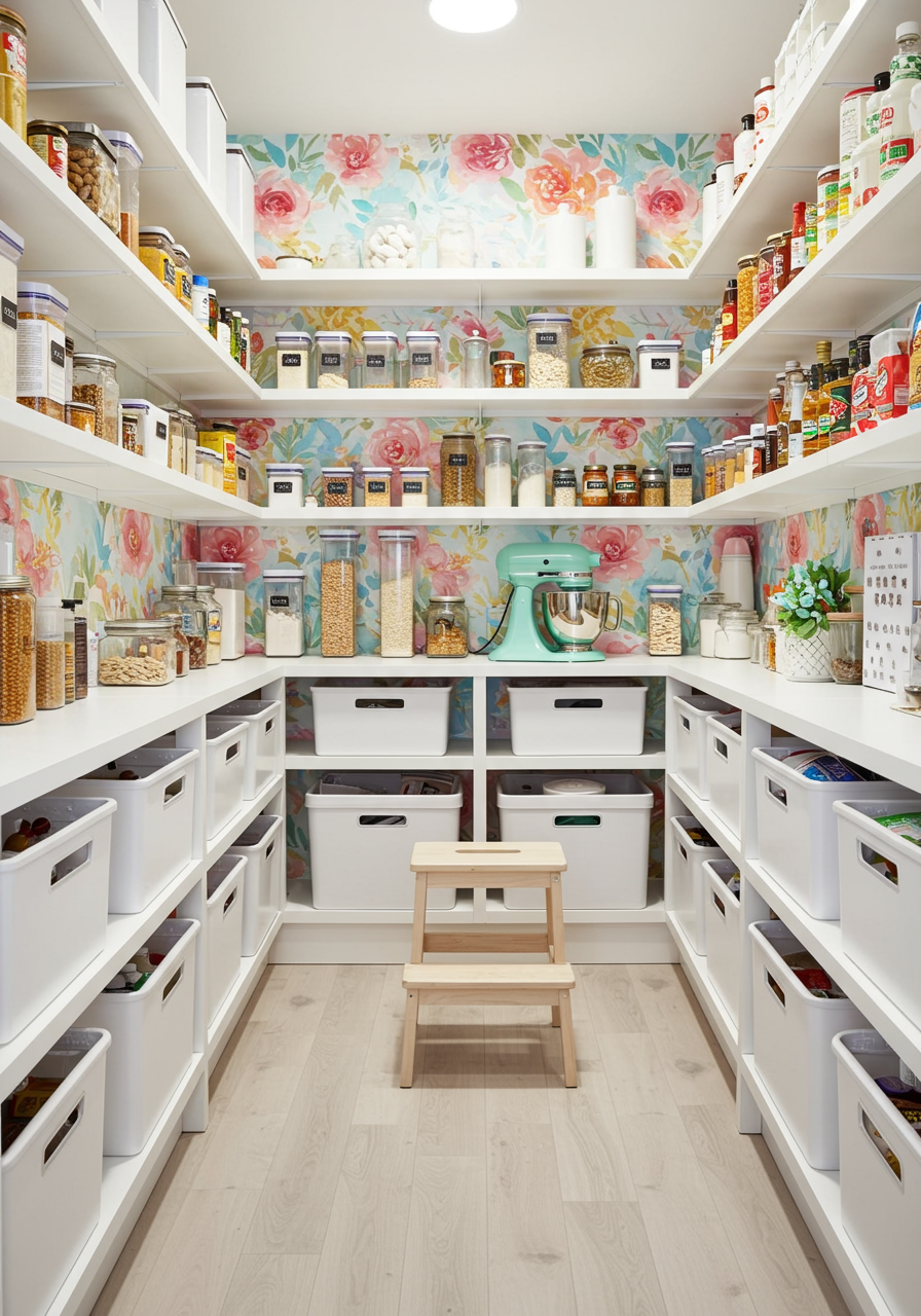 organized pantry with colorful wallpaper