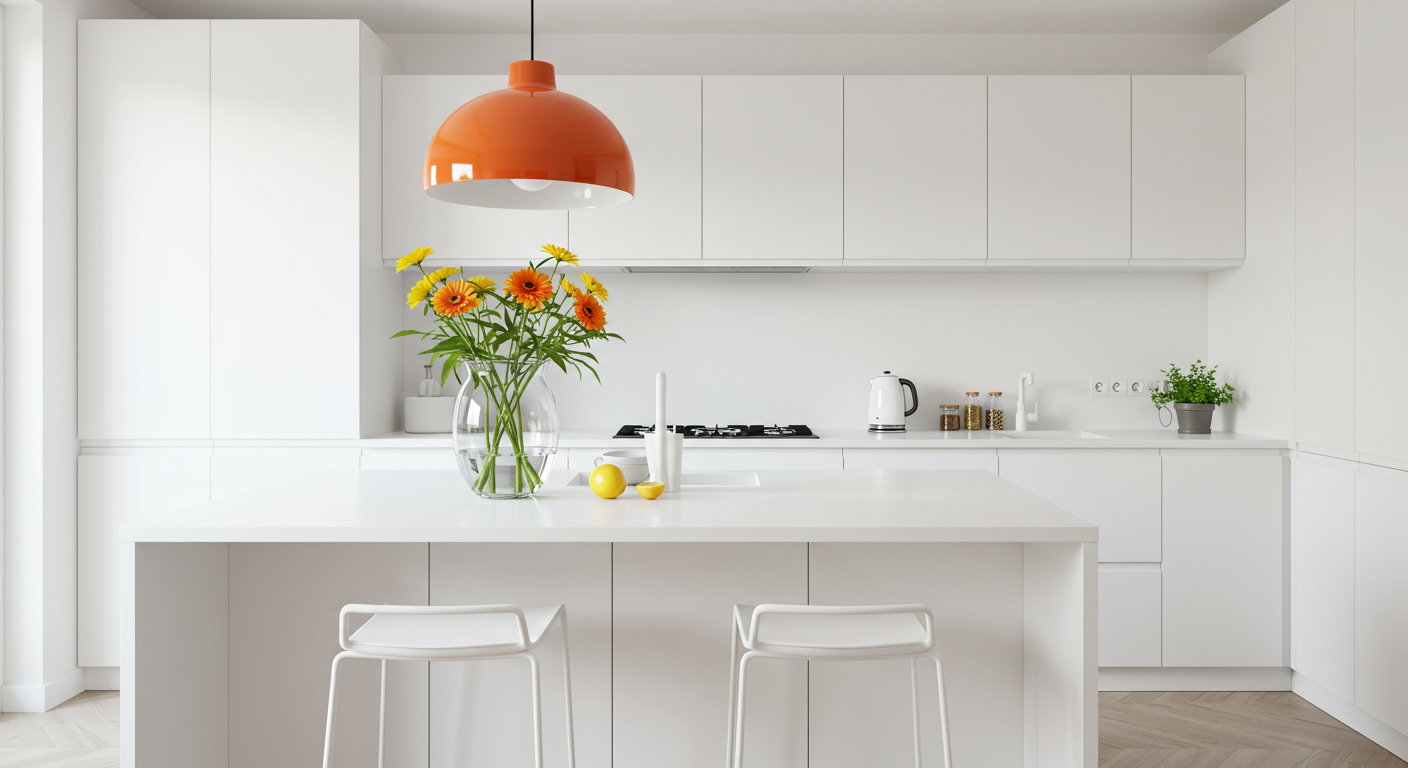 White kitchen with orange pendant light, flowers and two bar stools