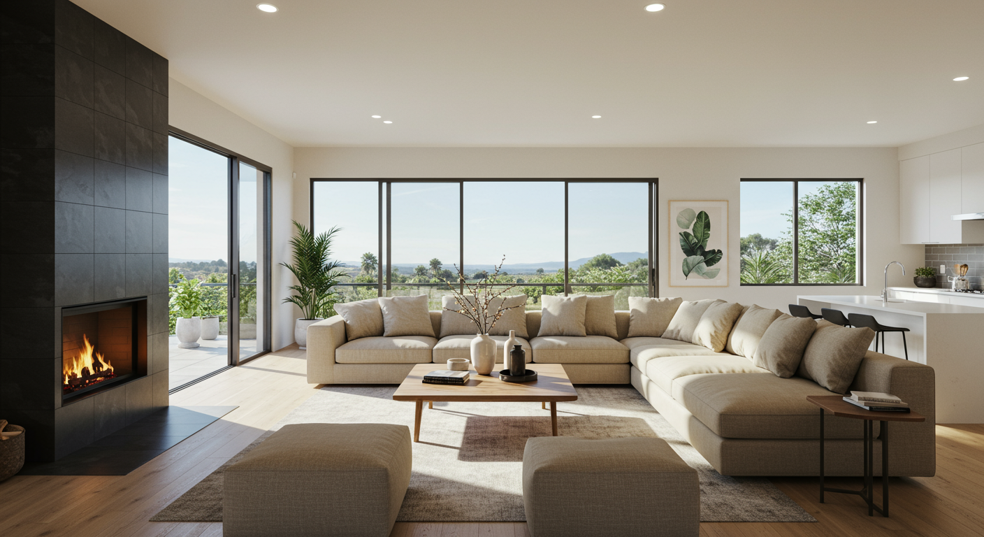Living room with focal point fireplace opening to backyard with endless views