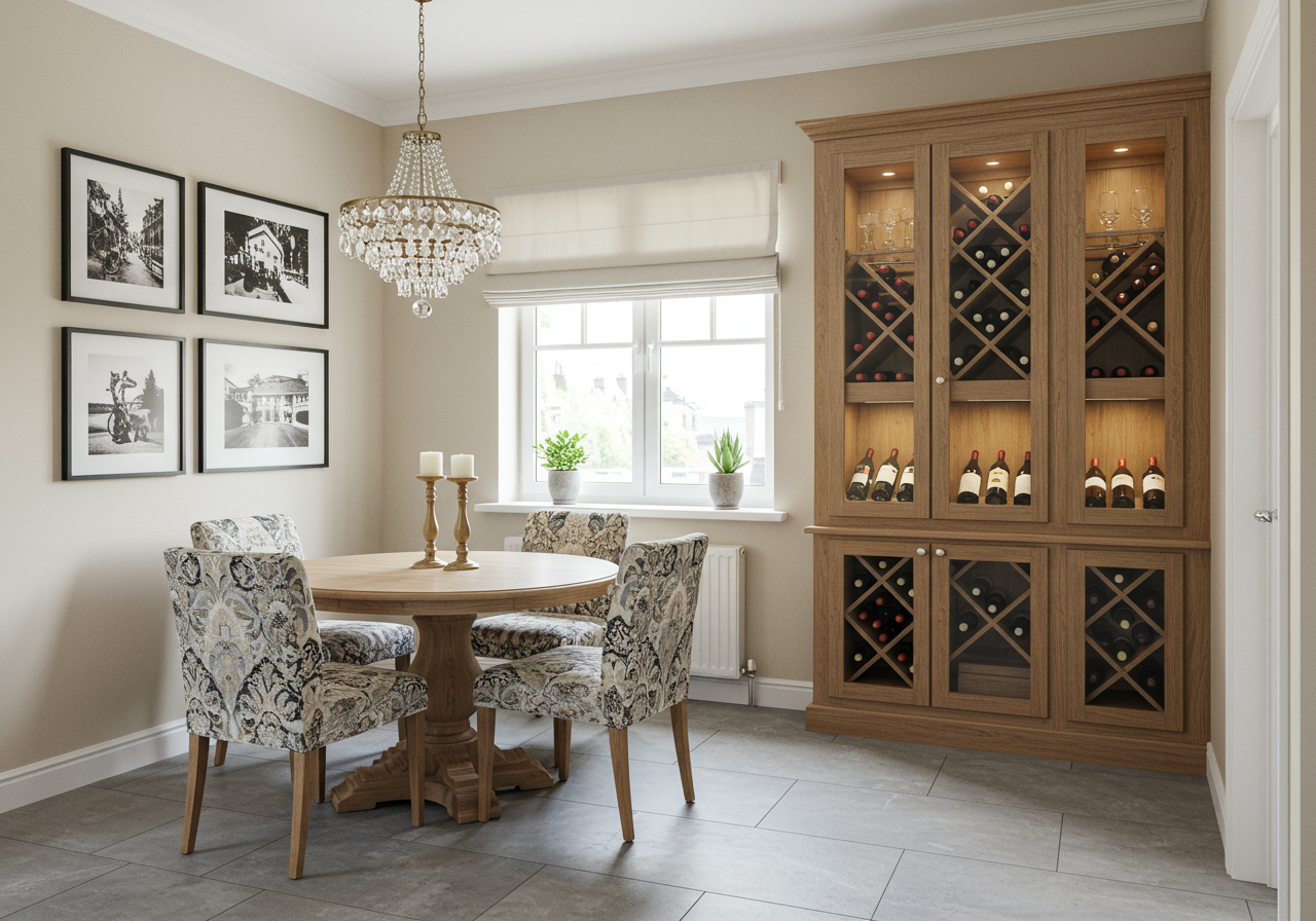 Dining room with a round wooden table, crystal chandelier, and built-in wine cabinet.