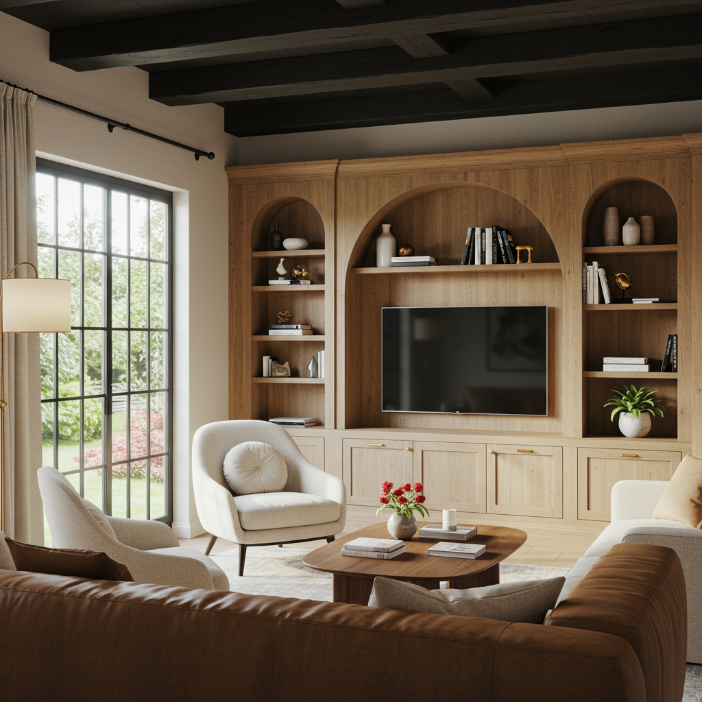 a spacious living room features a large, beige sectional sofa positioned to face a mounted flat screen television