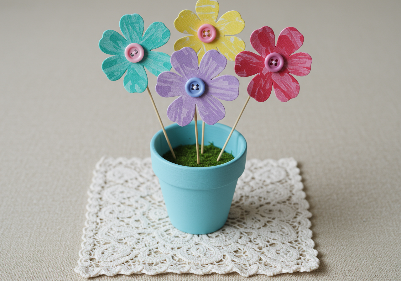 colorful scrapbook paper cut into flower shapes dotted with fingerprints