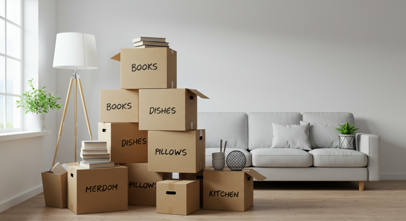 Moving boxes labeled for books, dishes, pillows, and kitchen items stacked in front of a gray sofa.