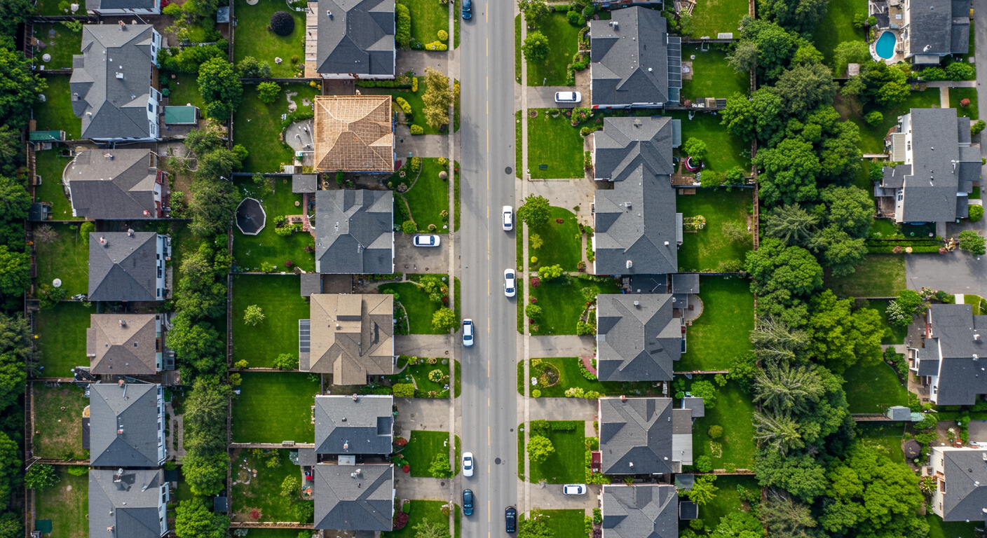 Aerial view of detached homes along a tree-lined residential street with green lawns and parked cars.