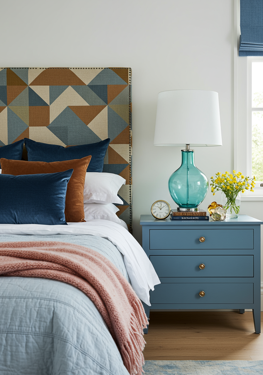 Modern bedroom with colorful headboard