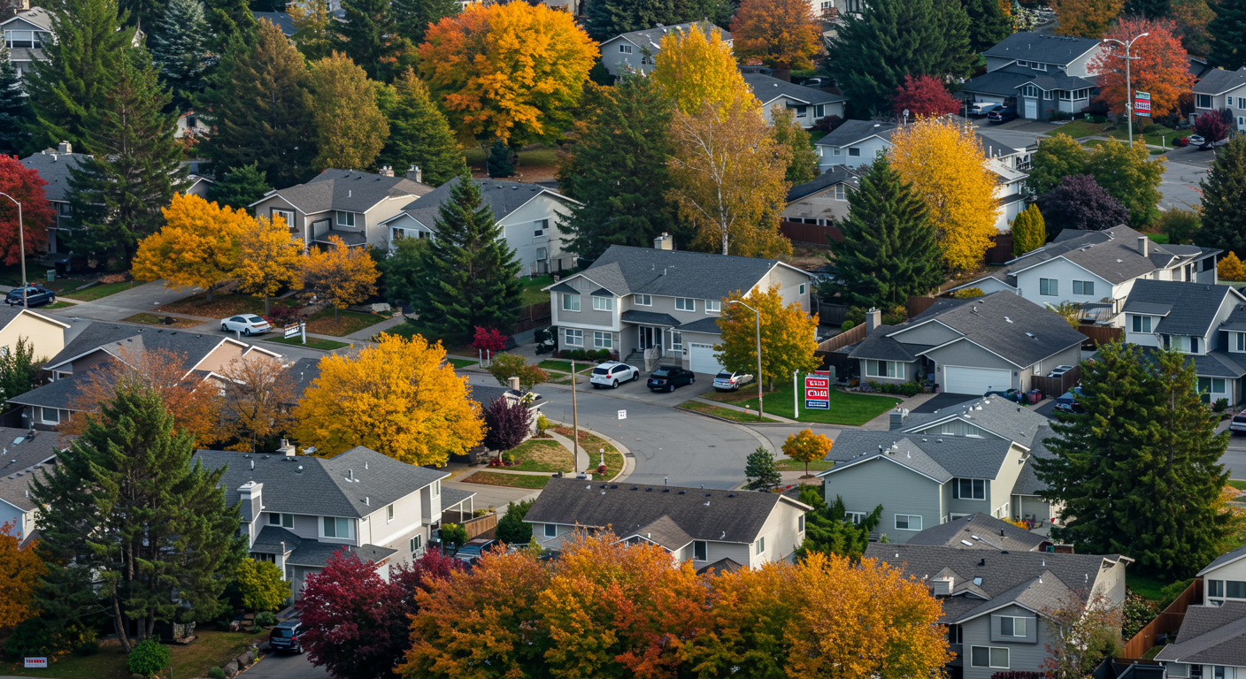 Aerial view of suburban homes and curving streets among bright autumn trees.
