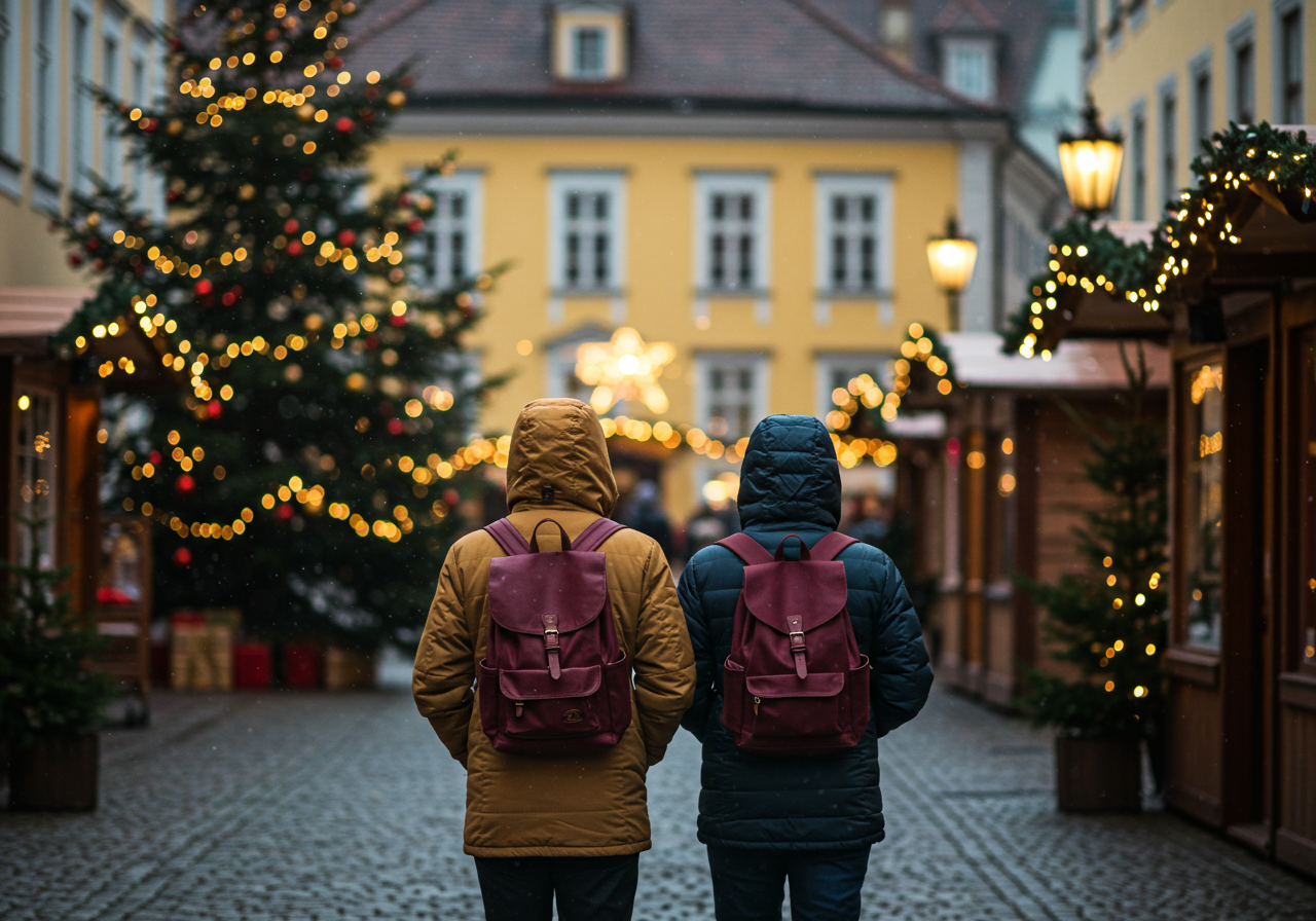 Christmas at mountain village with tourists wearing backpacks.