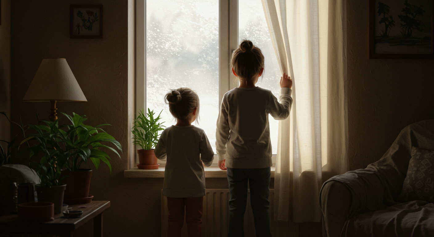 Two children look out a bright living-room window beside houseplants and sheer curtains.