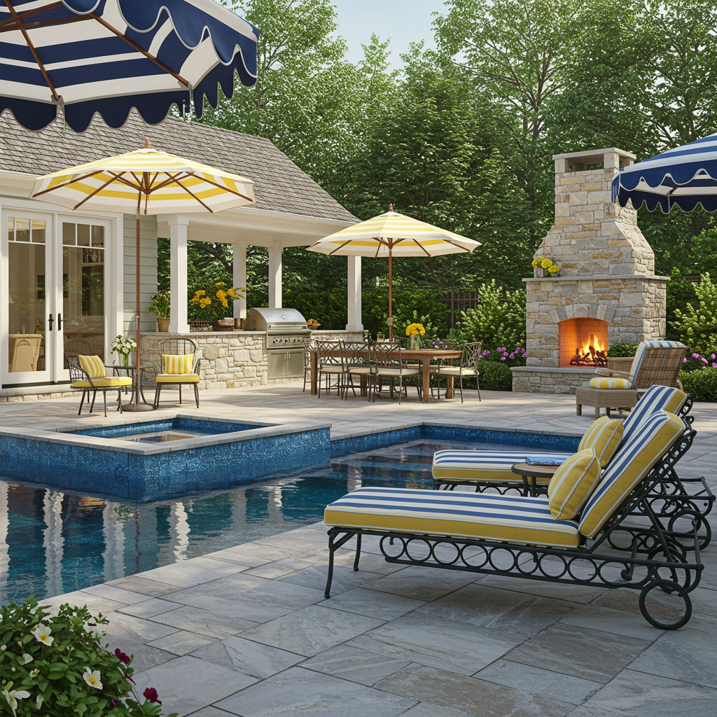 Backyard pool patio with striped loungers, umbrellas, outdoor dining, grill, and stone fireplace.