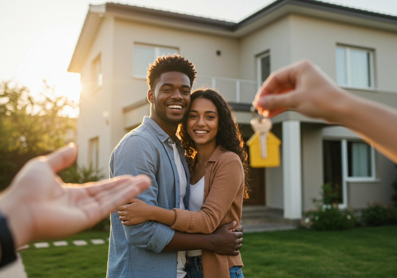 Happy millennial couple receiving keys from realtor, purchasing real estate