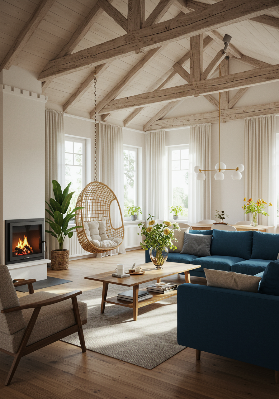 a bright and airy living room characterized by high ceilings with exposed wooden beams