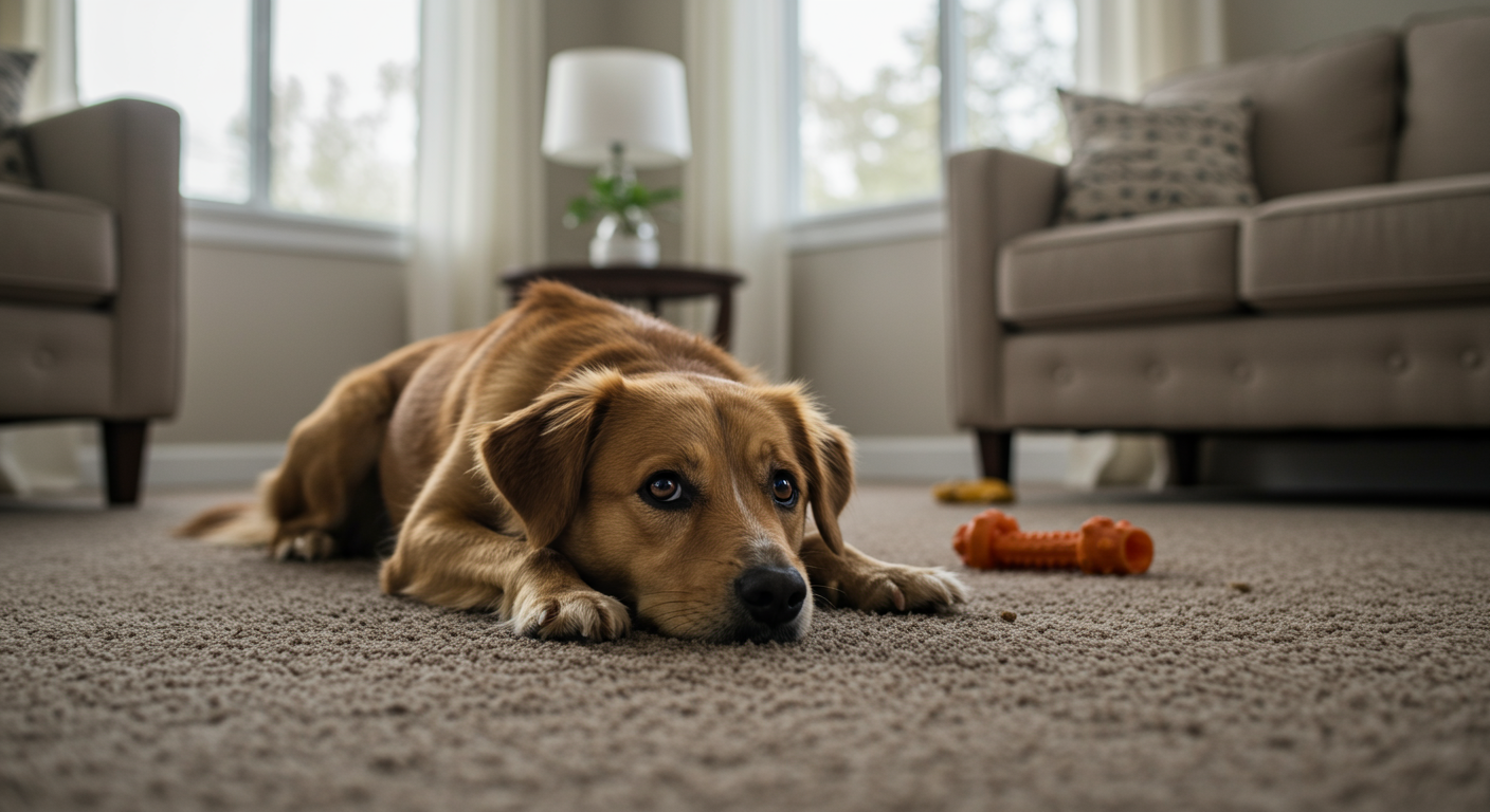 A dog lying on the carpet looking sadly at the camera.