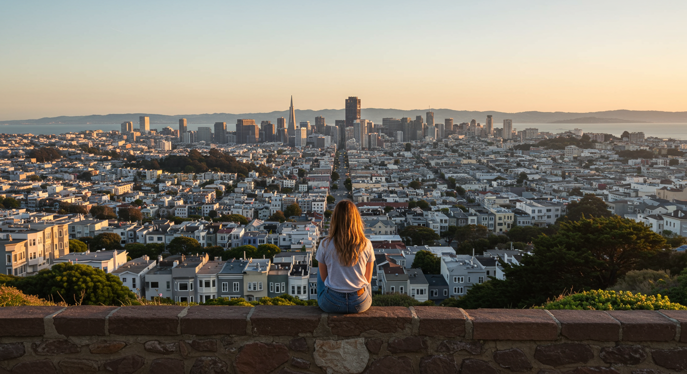 A woman sitting on a rock wall, observing the city