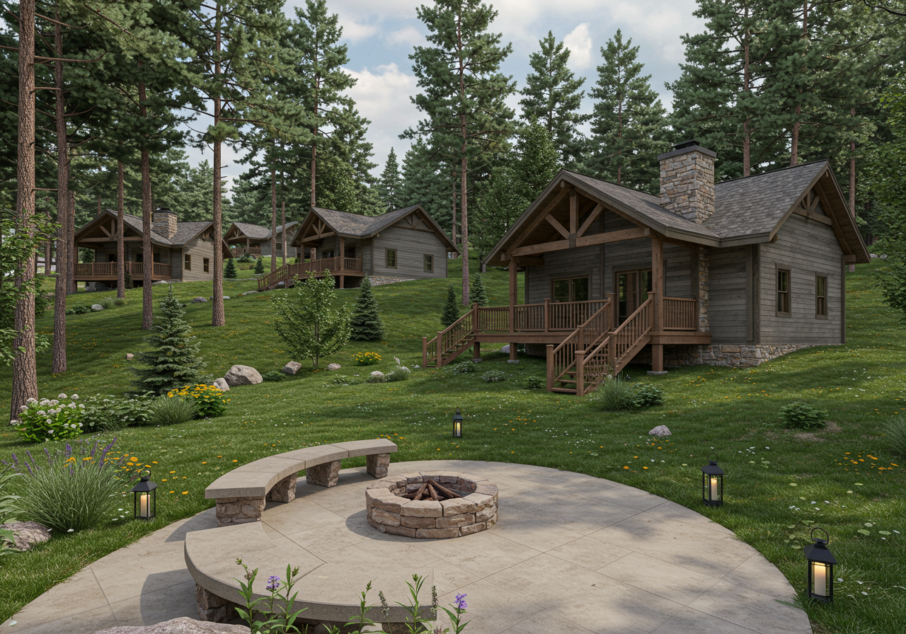 Beautiful wooden back porch with chairs on the hill and large backyard patio with fire pit and pine trees.