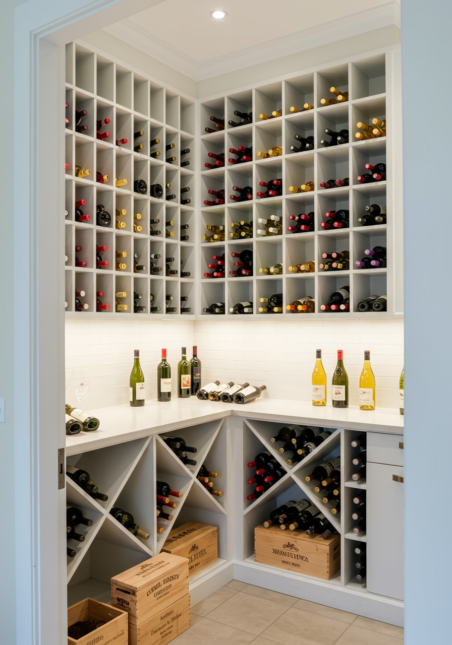 a shelf with bottles of wine