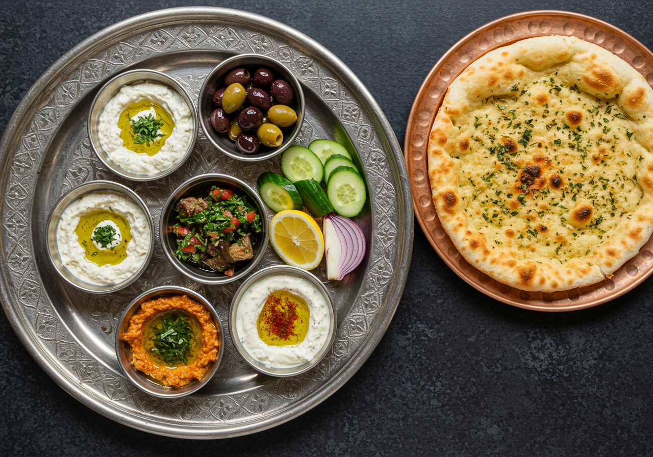 Dalida's "breaking bread" plate with fresh-baked pita and dips.