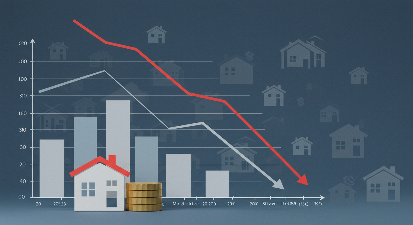 Real estate market chart with descending red and gray lines, pale bars, and a house beside stacked coins.