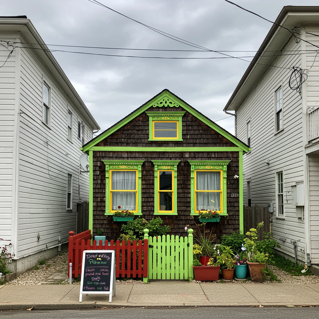 673 Moultrie, San Francisco, shack bernal heights earthquake, green window frames, shingle sided home
