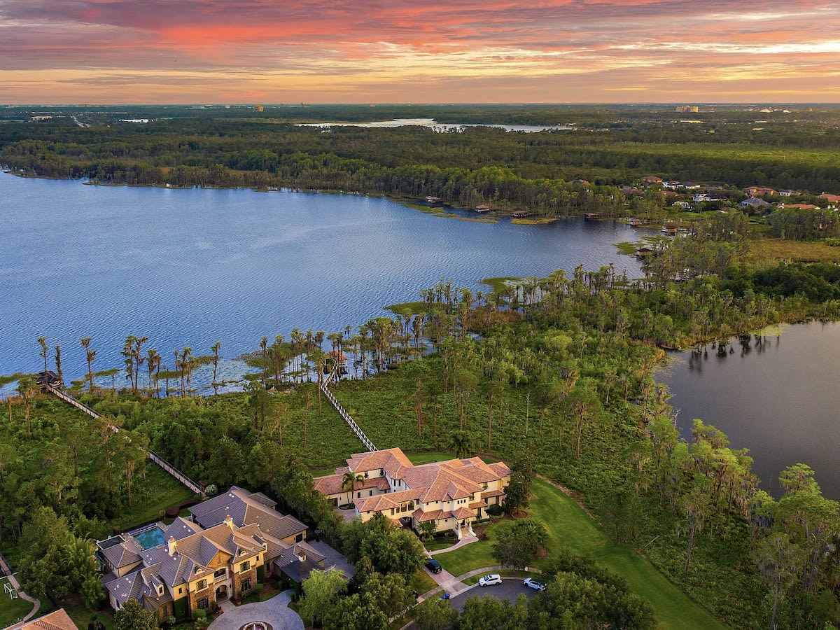 Aerial photo at sunset of Butler chain of lakes Windermere, Florida