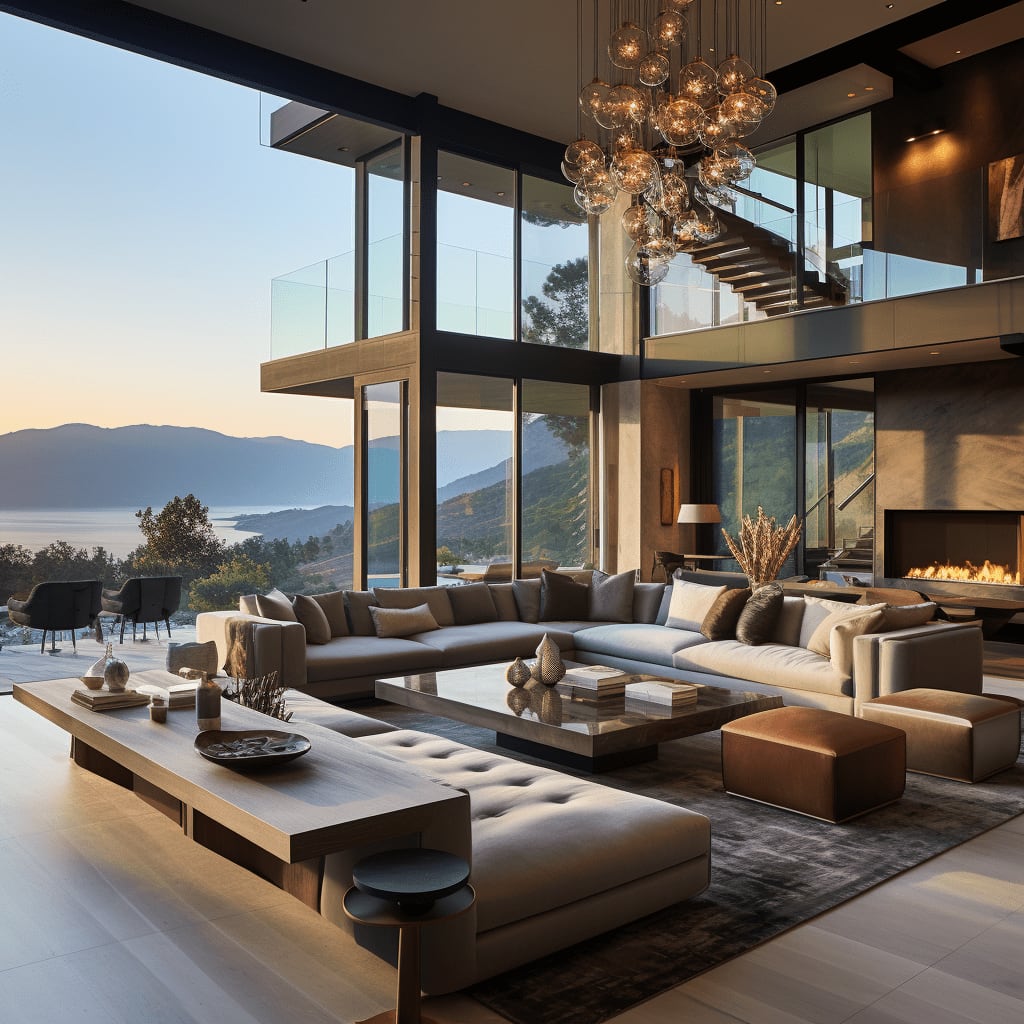 Modern living room, white fireplace, minimalistic furniture, ocean-view balcony with sliding doors.