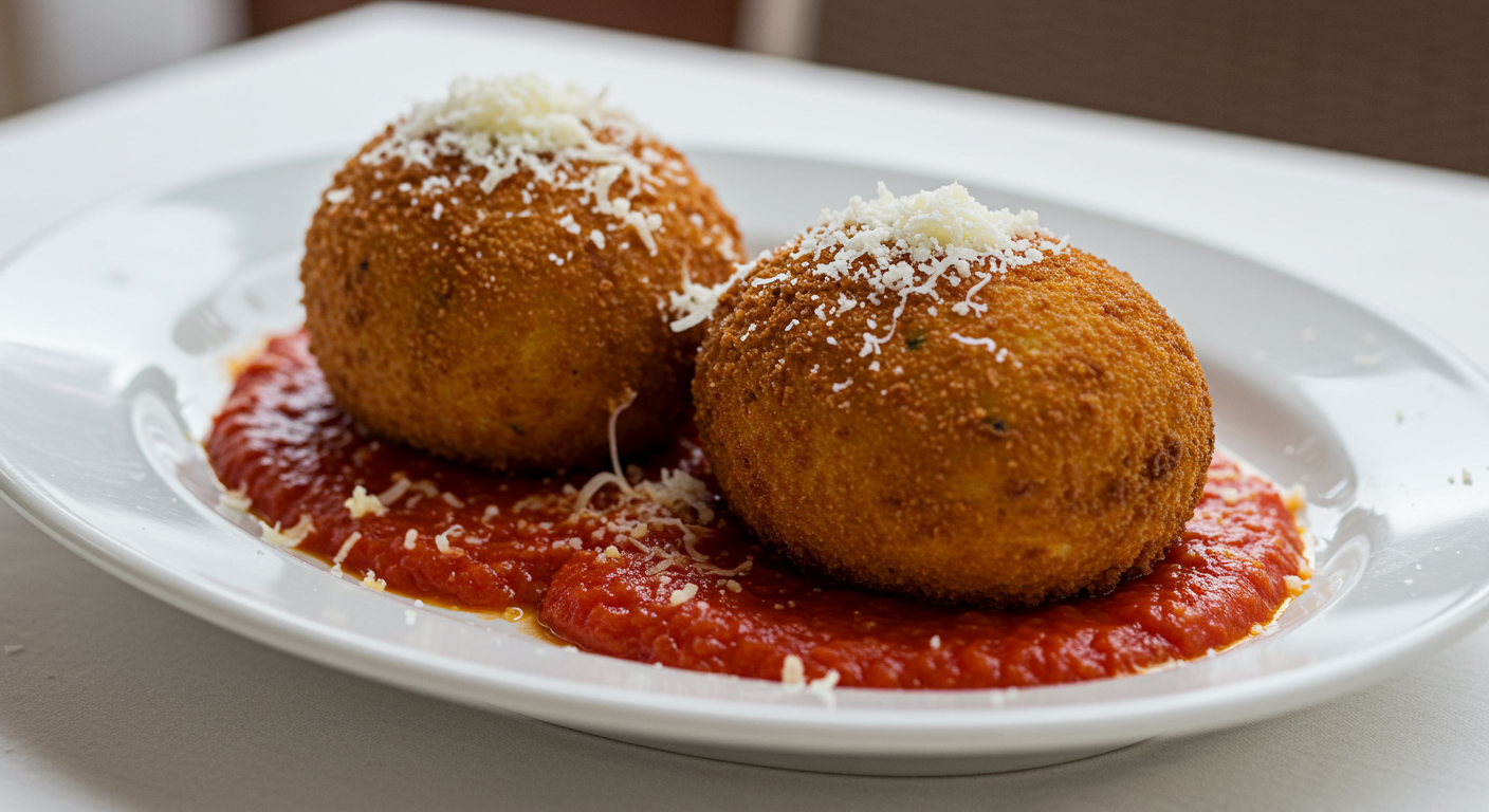 Plate of crispy arancini balls served on a bed of tomato sauce, topped with grated cheese.