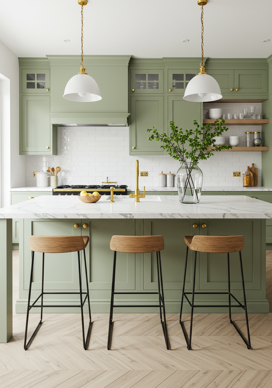 a green kitchen with a table and chairs