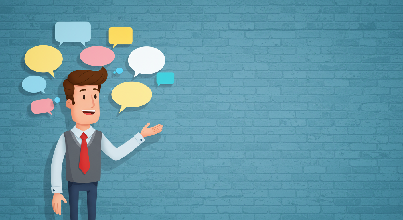 Illustration of a man gesturing toward colorful speech bubbles against a blue brick wall.