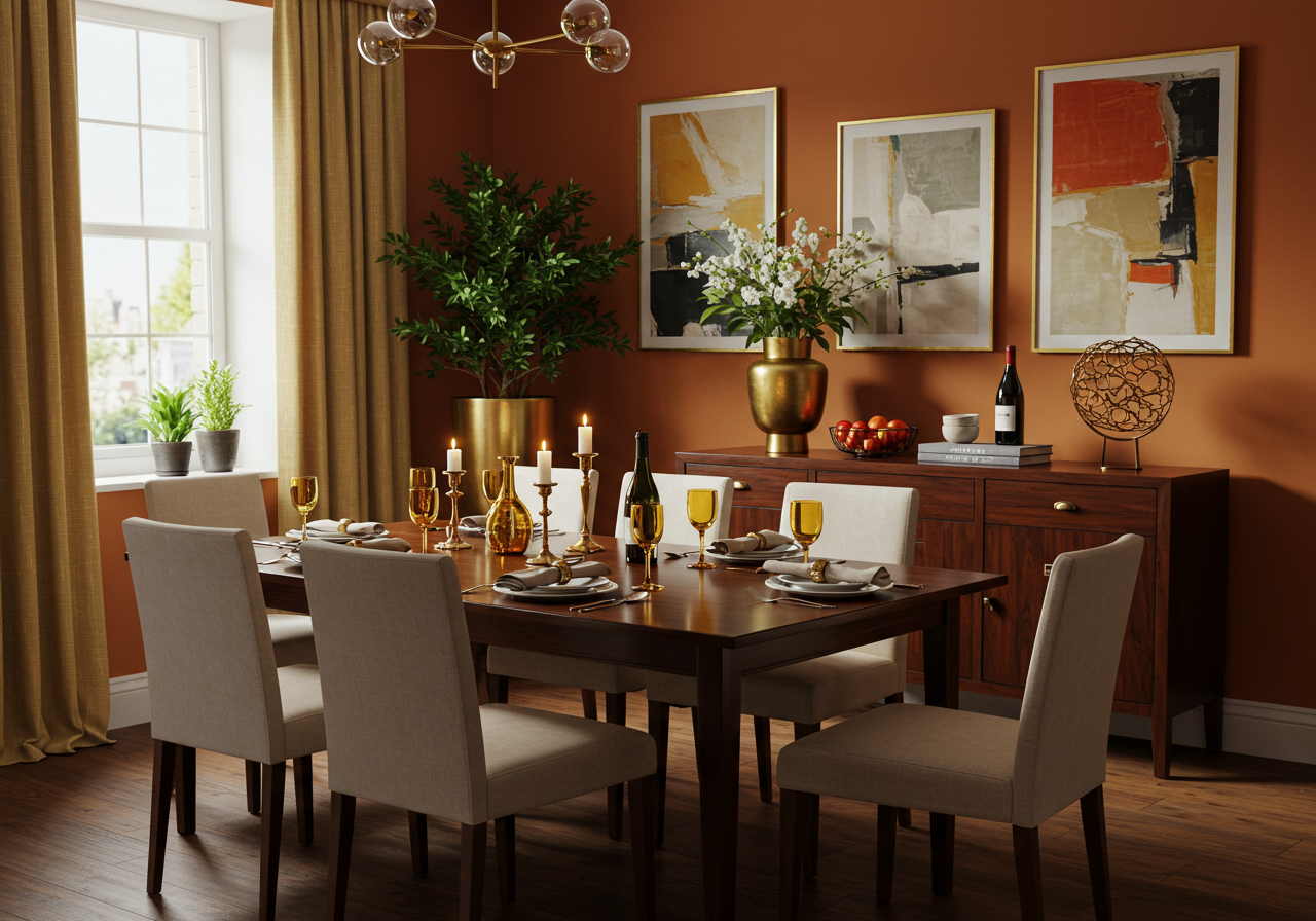 Warm colored dining room with place settings