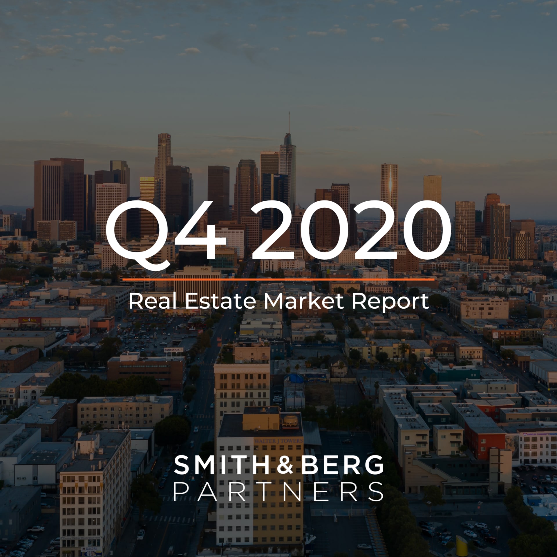 The cover of a "Real Estate Market Report" for "Q4 2020" features an aerial view of a bustling city with a dense cluster of tall skyscrapers in the background forming a prominent downtown skyline. 