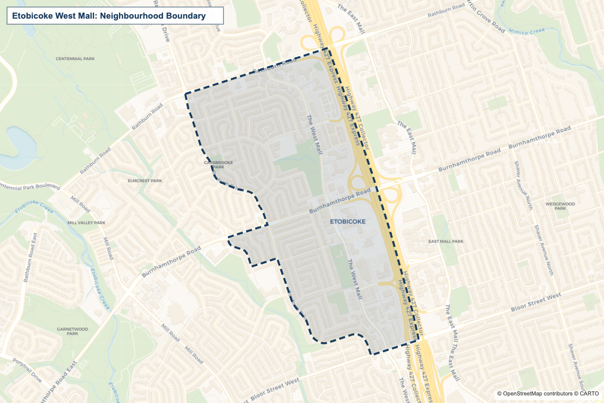 Boundary map of the Etobicoke West Mall neighbourhood