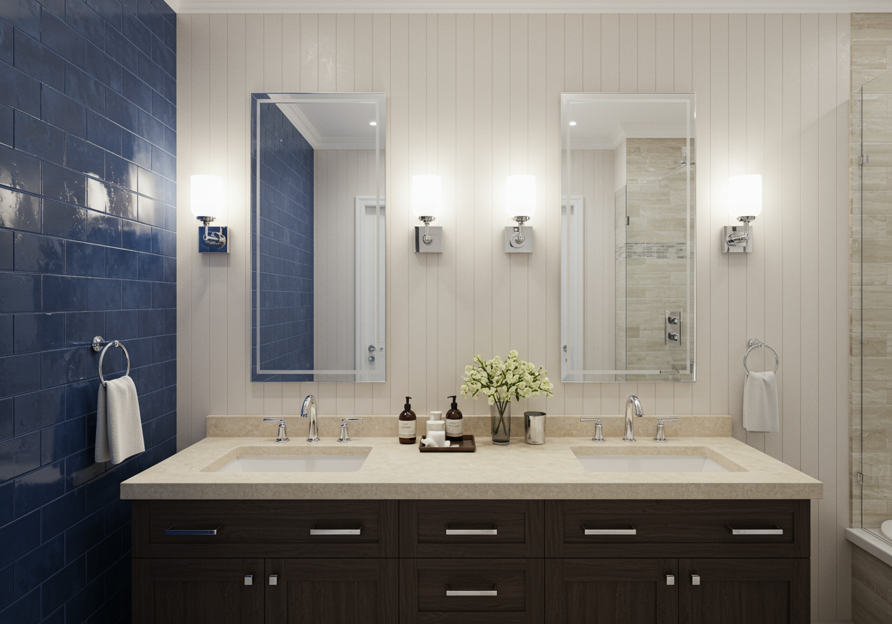 blue tiled accent wall in bathroom
