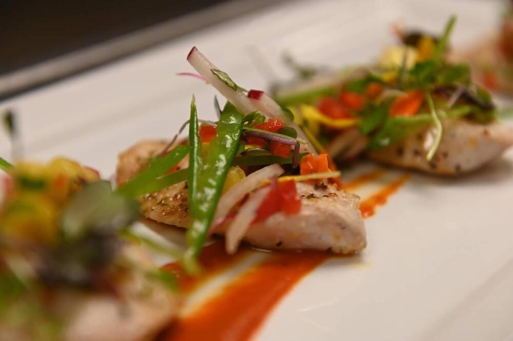 Plated coastal cuisine at the private oceanfront Beach Club dining room at Sea Oaks Vero Beach