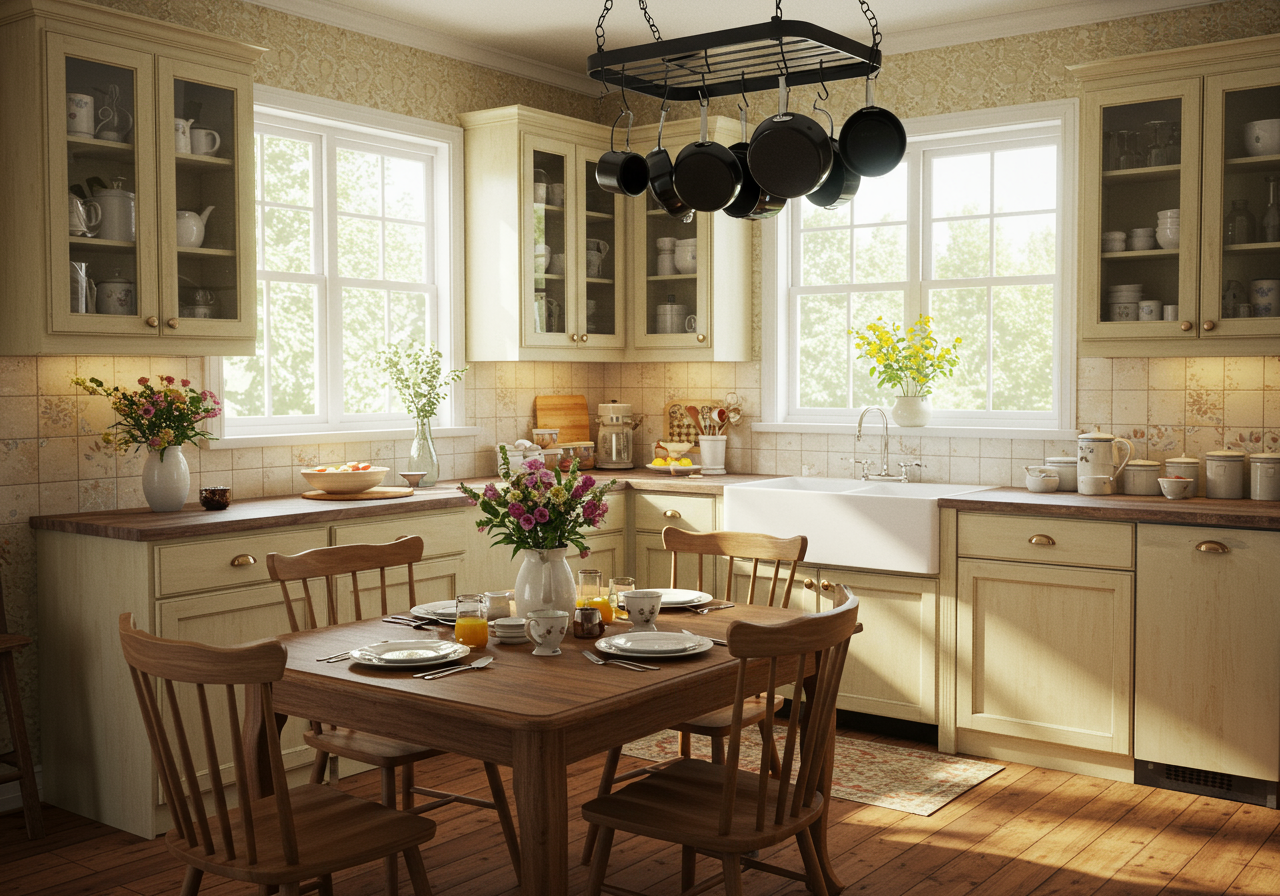 traditional country kitchen with cane seat chairs at table