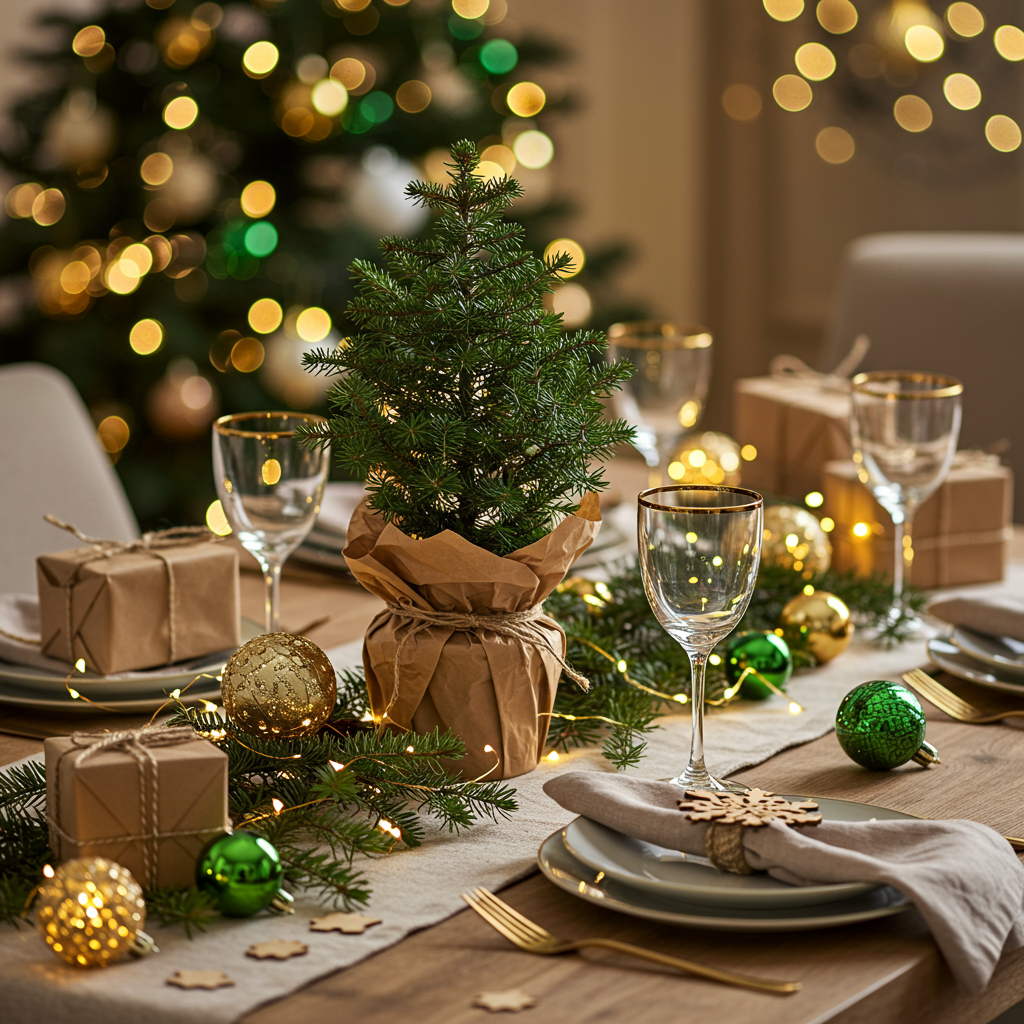 christmas or new year decoration of the festive table table setting with dishes spruce tree decoration