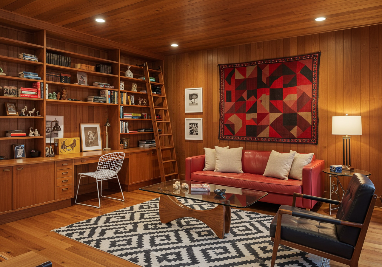 Home library with wall of bookshelves and hanging tapestry.